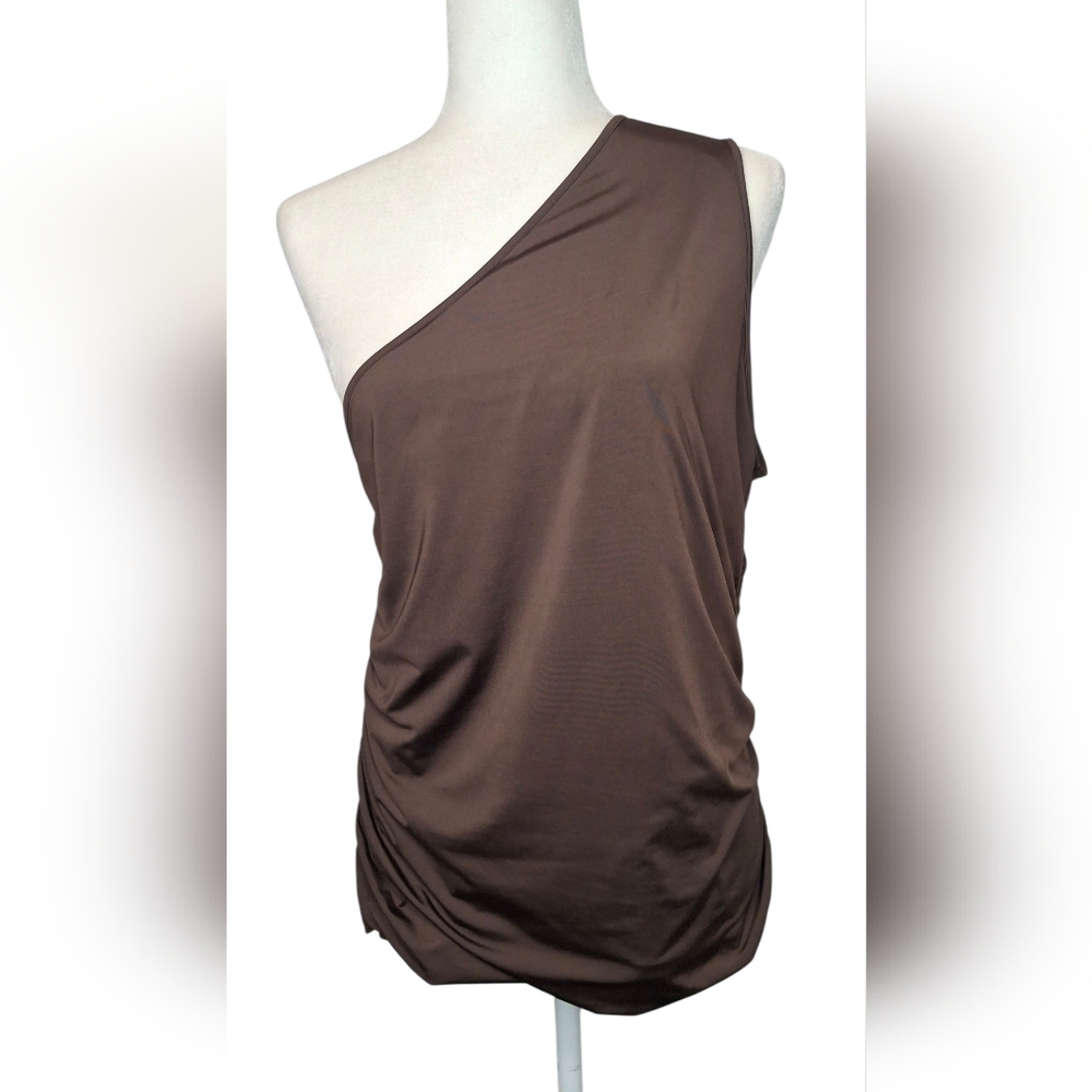 Express Women’s Size XL One Shoulder Top Brown And Sage Ruched Stretch Lot Of 2 - Picture 2 of 15